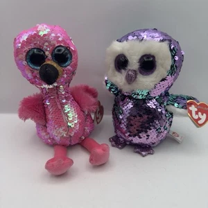 Peluche Ty Flippables Lentejuelas Luz de Luna el Búho y Pinky el Flamenco 6" Con Etiquetas - Imagen 1 de 11