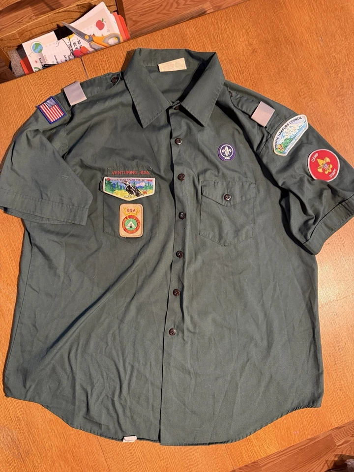 Venturing Boy Scout Shirt Mens 2XL Green S/S Uniform Patches Neckerchief VTG USA - Image 1 of 4