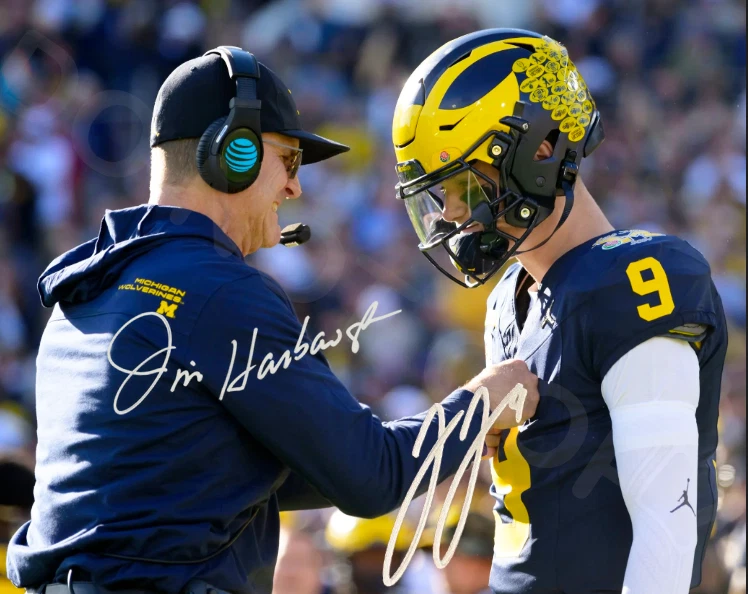 Foto autografada 8x10 assinada por Jim Harbaugh JJ McCarthy Michigan Wolverines reimpressão - Imagem 1 de 1