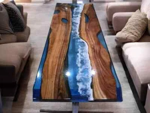 Ocean Epoxy Wooden Resin Table Top, Live Edge Center Table Top Decor Art - Picture 1 of 8