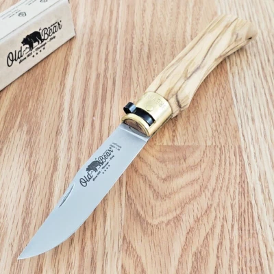 Old Bear Large Folding Knife 3.63 Satin Finish 420 Steel Blade Olive Wood Handle - Image 1 of 4