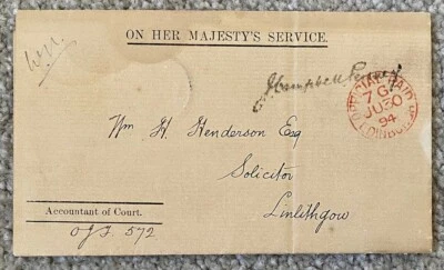 1894 OHMS Official Paid Notice Accountant of Court Edinburgh to Linlithgow - Image 1 of 4