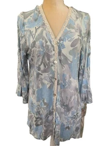 LOGO Lori Goldstein Button Up Rayon Cardigan L Blue Bell Sl Lace Trim Lagenlook - Picture 1 of 4
