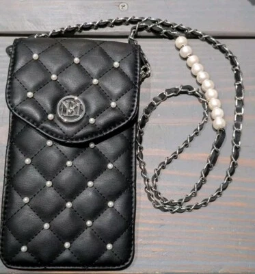 Badgley Mischka Black Bag Phone Case w Diamond Quilting & Pearls - Vegan Leather - Image 1 of 4