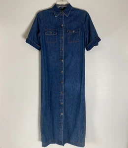 VTG Lauren Jeans Co Dress Size P/Petite Blue Denim Button Up Short Sleeve Pocket - Picture 1 of 17