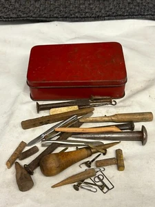 VINTAGE MIXED LEATHERWORK TOOL LOT WITH RED METAL STORAGE TIN AWLS - Picture 1 of 6