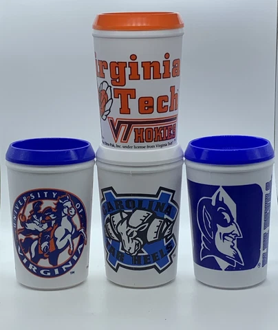 Vtg 90s Duke Blue Devils UVA Cavaliers Tar Heels Insulated Travel Coffee Mug Cup Cover