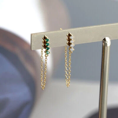 925 Sterling Silver Bar CZ Stud Earirngs with Chain Dangle Drop Ear Jacket F1128 - Image 1 of 4