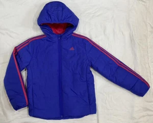 Adidas Girls Hooded Winter Puffer Jacket Blue w/ Pink Fleece Lining Sz 14 NWOT - Picture 1 of 6