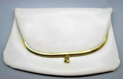 Vintage White Leather Purse w/ Chain Foldover Clutch Kiss Close 1950s Wedding - Image 1 of 4