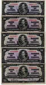 Bank of Canada 1937 $10 Lot of 5 Vintage Gordon-Towers F/VF $50 Face Value - Picture 1 of 2
