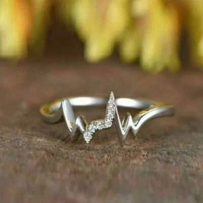 Promise Love Band Round Diamond Engagement Heart Beat Ring 14K White Gold Finish - Image 1 of 4