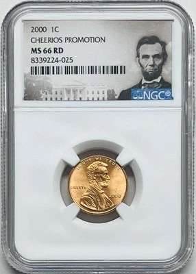 2000 US MINT CENT CHEERIOS PROMOTION NGC MS66 RD LINCOLN PENNY W/OGP - Image 1 of 4