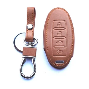 Brown Leather For Nissan Infiniti Remote Smart Key Chain Cover Fob Bag 4 Buttons - Picture 1 of 3