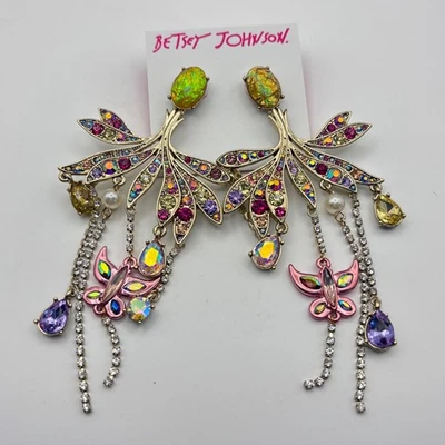 Betsey Johnson Blooming Floral Umbrella Pink Butterfly Crystal Earrings - Image 1 of 4