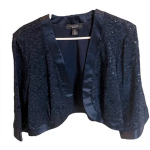 R&M Richards Midnight Blue Lace Beaded Satin Trim Jacket Formal Size 18W - Picture 1 of 3