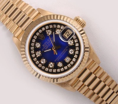 Rolex Lady Datejust 26 mm President oro 18k, cadena viñeta azul esfera de diamante Foto 1 de 4