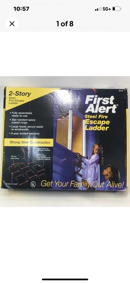 First Alert EL50 2 Story 15 Foot Fire Escape Ladder Steel Slip Resistant 375 # - Image 1 of 3