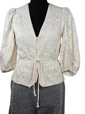 MAJE Lichet Jacquard Sequin Blouse Ecru Sz 1 US S NWT $385  V-Neck Puff Sleeve - Image 1 of 4