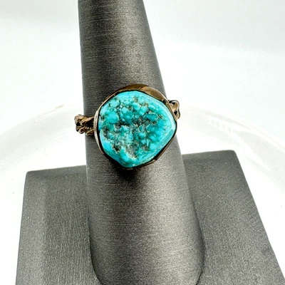 Anillo pepita turquesa vintage hecho a mano 14K GP grueso banda retorcida boho Foto 1 de 4
