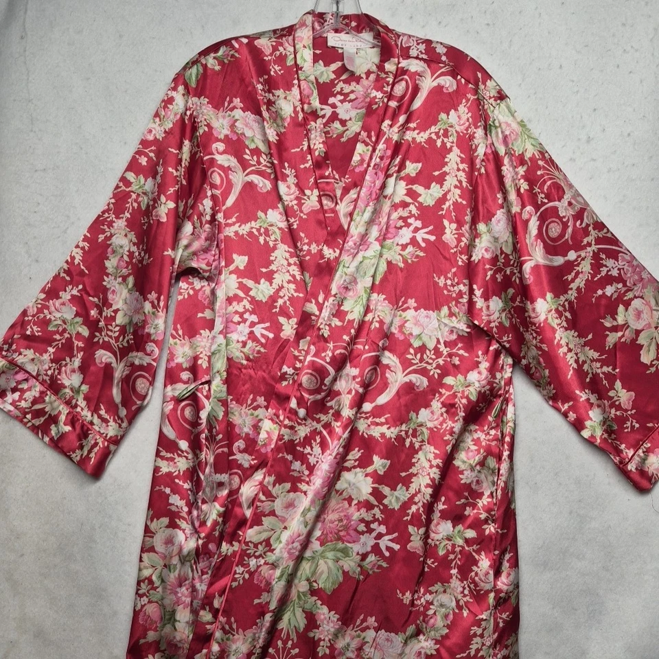 Oscar de la Renta розовый ярлык красный цветочный атласный халат размер L длинные карманы без галстука - Изображение 1 из 4