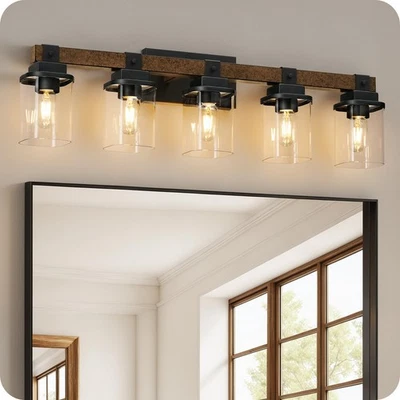 5灯浴室灯装置,农舍梳妆灯浴室带Gl... — 第 1/4 张图片