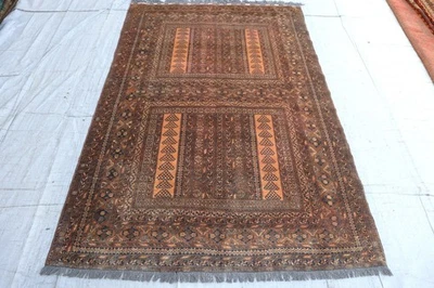 Turkman Parda Rug 5'0x7'4 ft Vintage Rust Red Afghan Handmade Bukhara Tribal Rug - Image 1 of 4