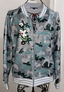 Boston Proper Sequined Camo Floral Embellished Full Zip Varsity Jacket Size L - Picture 1 of 5