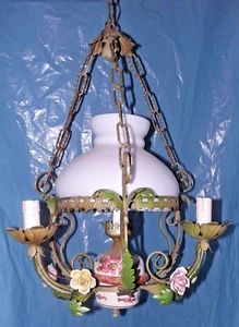 Antico elegante lampadario bronzo opale e rose in ceramica stile Liberty 4 luci - Picture 1 of 11