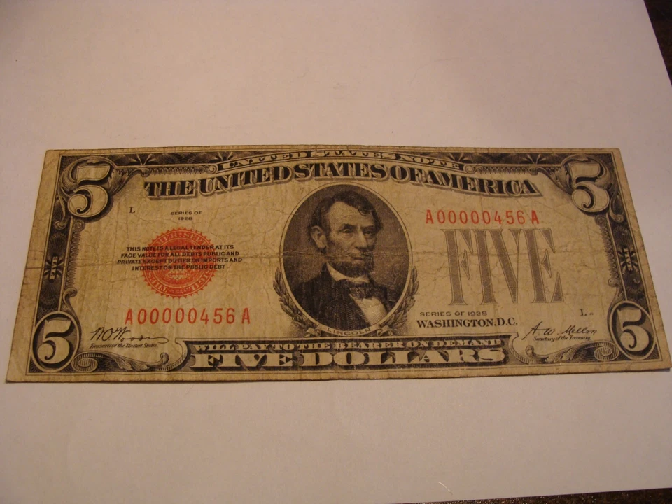 1928 $5 Nota de Selo Vermelho dos Estados Unidos - Número de série # A00000456A - Imagem 1 de 4