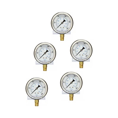 5 PACK LIQUID FILLED PRESSURE GAUGE 0-2,000 PSI 2.5" FACE, 1/4" NPT LOWER MOUNT - Image 1 of 4