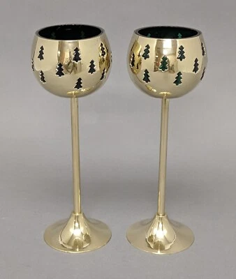 Votive Candle Holder Brass Green Glass Liner Tree Cutouts 3"D 9"High Set/2 - Image 1 of 4