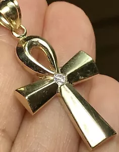 Gold Ankh cross Pendant 10K yellow solid cz Charm Necklace fine jewelry 1.45” - Picture 1 of 12