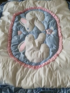 BABY QUILTED COMFORTER BLANKET Blue love BUNNY PATCHWORK pink trim HEART NEW vtg - Picture 1 of 7