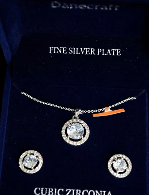 NEW IN BOX DANECRAFT FINE SILVER PLATE CZ  NECKLACE EARRINGS SET/Lighted - Image 1 of 4