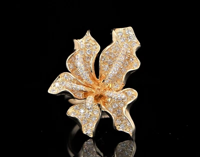$9,500 18K Yellow Gold 2.40ct Pave Round Diamond Cocktail Flower Leaf Ring 7.5 - Image 1 of 4