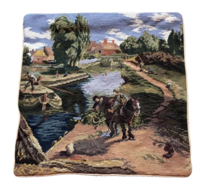 NEW Wool Needlepoint Pillow Cover French Countryside House Fishing Horse 18" - Image 1 of 4