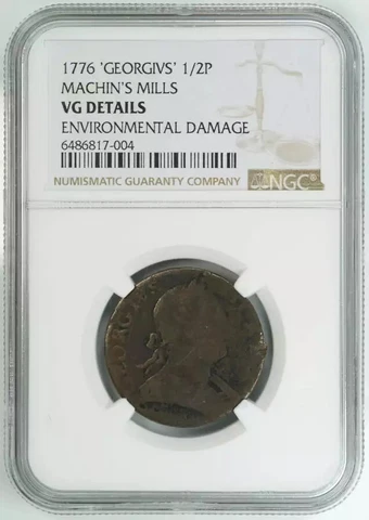 1776 MACHIN'S MILLS HALF PENNY 1/2P COPPER NGC VG VERY GOOD DETAILS (004) Cover