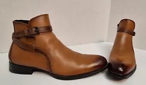 ALFANI Ansell Mens Cognac Colored Leather Zip Boots With Buckle Size 10.5 M - Picture 1 of 12