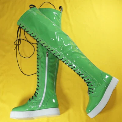 Thigh High Platform Pumps Women's Lace Up Patent Leather Over The Knee Boots - Image 1 of 4