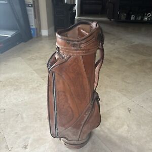 Vintage Genuine Hand Tooled Leather Golf Bag Aztec Mayan Mexican W/ Cover