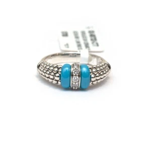 LAGOS New Sterling Silver Caviar Ceramic Blue & Diamond Ring Size 7 - Picture 1 of 6