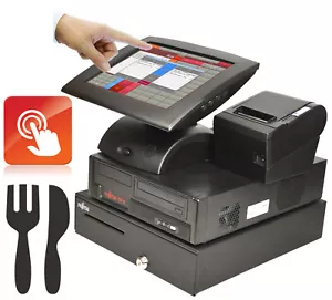 SCHÖNE SCHWARZE GASTROKASSE PREHTOUCHSCREEN KASSENDRUCKER EPSON GELDLADE KA23 - Bild 1 von 1