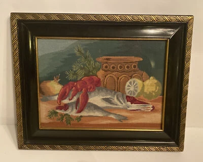 Vintage Needlepoint Lobster Framed Picture Fish New England - Image 1 of 4