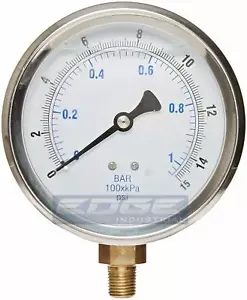 LIQUID FILLED PRESSURE GAUGE 0-15 PSI, 4" FACE, 1/4" LOWER MOUNT - Picture 1 of 2