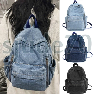 Women Retro Small Denim Backpack Vintage Jean Rucksack Travel Daypack School Bag - Image 1 of 4