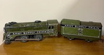 Rare Vintage Prewar MARX ARMY SUPPLY TRAIN #500 LOCOMOTIVE & TENDER Good Working - Image 1 of 4