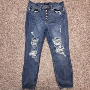 Jeans Judy blu skinny fit donna taglie forti 14W bottoni esposti fly crop elasticizzato - Foto 1 di 10