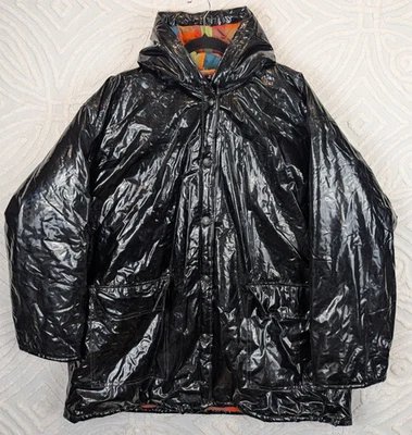 Vintage Wippette Rain Coat Black Vinyl Slicker Flannel Lining Hooded Size L - Image 1 of 4