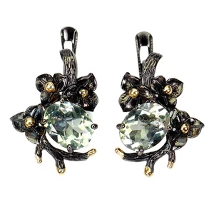 925 Sterling Silver Earrings Oval Green Amethyst 9x7mm Natural Gemstone Jewelry - Picture 1 of 13